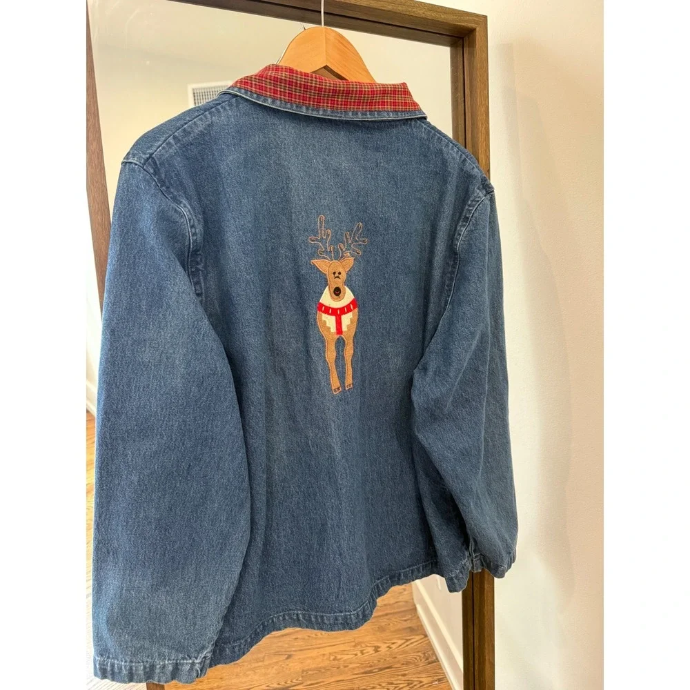 Tantrums Vintage Christmas Denim Jacket Embroidered Santa Reindeer Plaid Collar - Picture 7 of 9